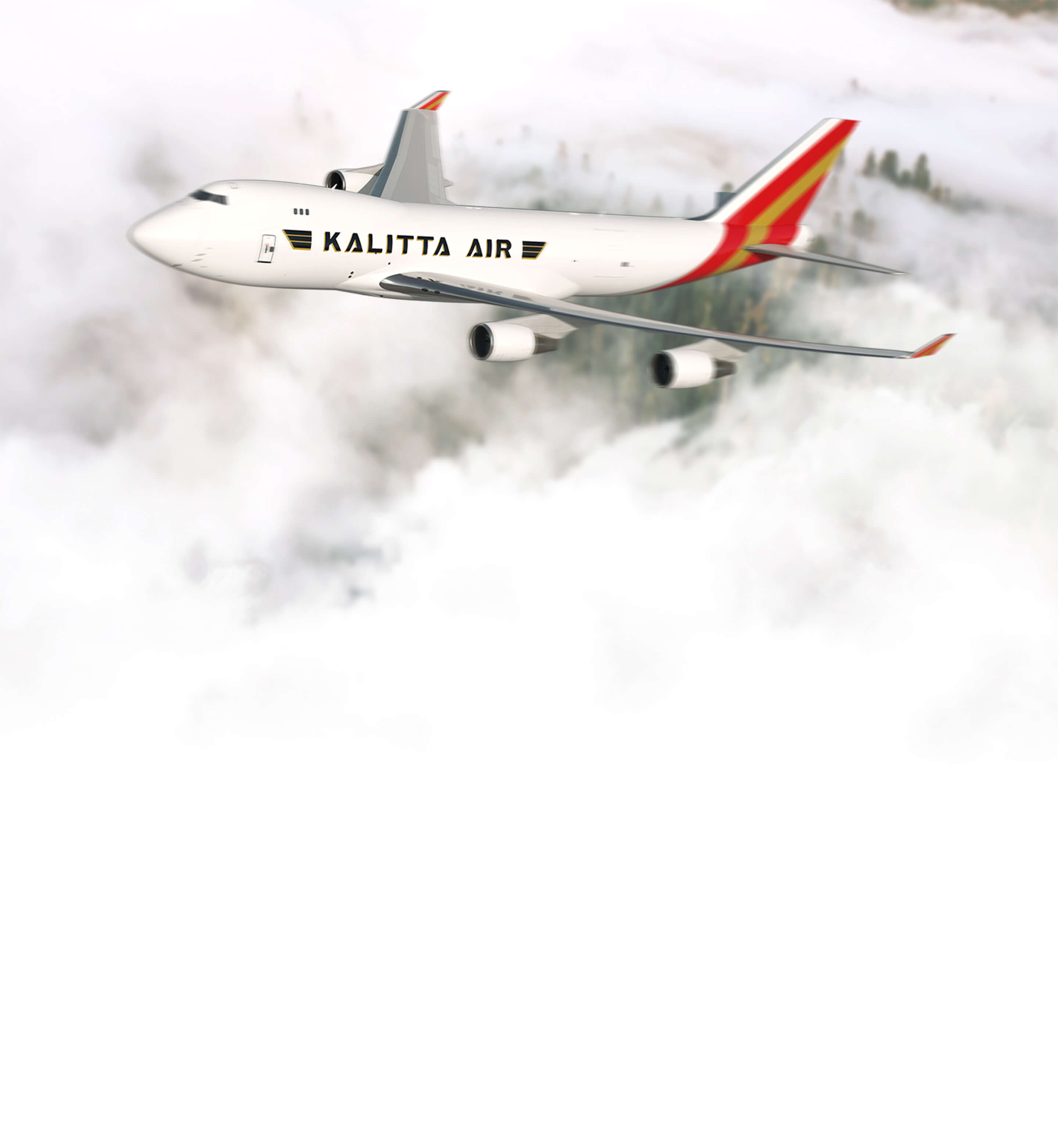 Kalitta Air plane flying in clouds.