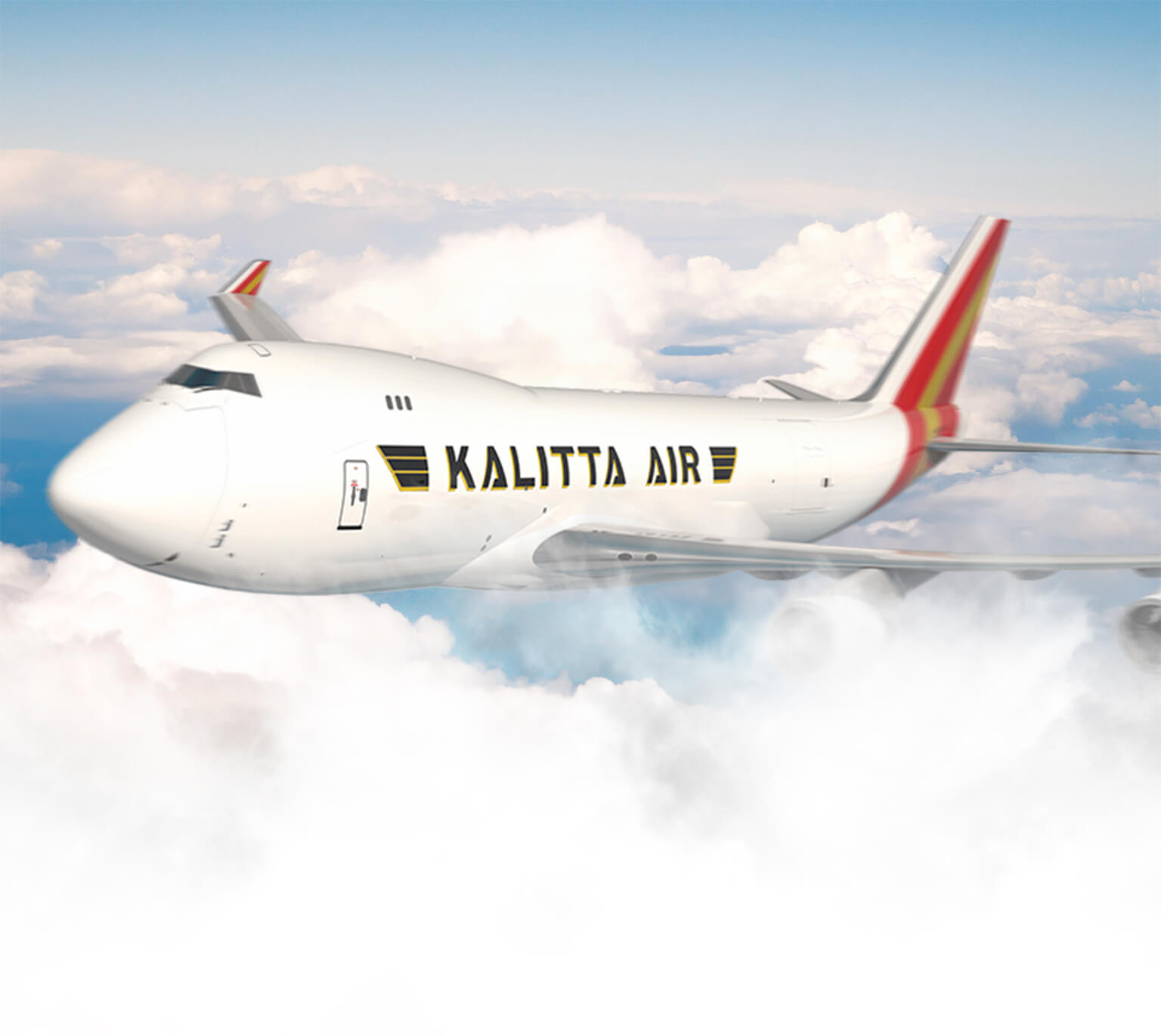 Kalitta Air plane flying in clouds.