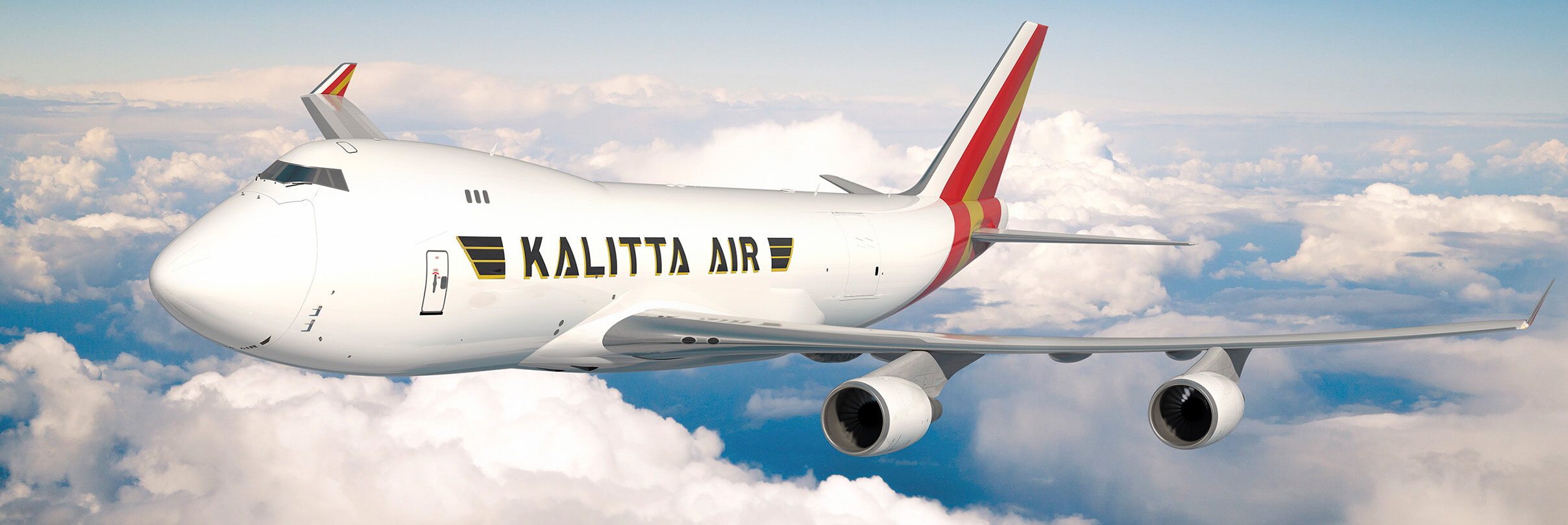 Kalitta Air plane flying in clouds.