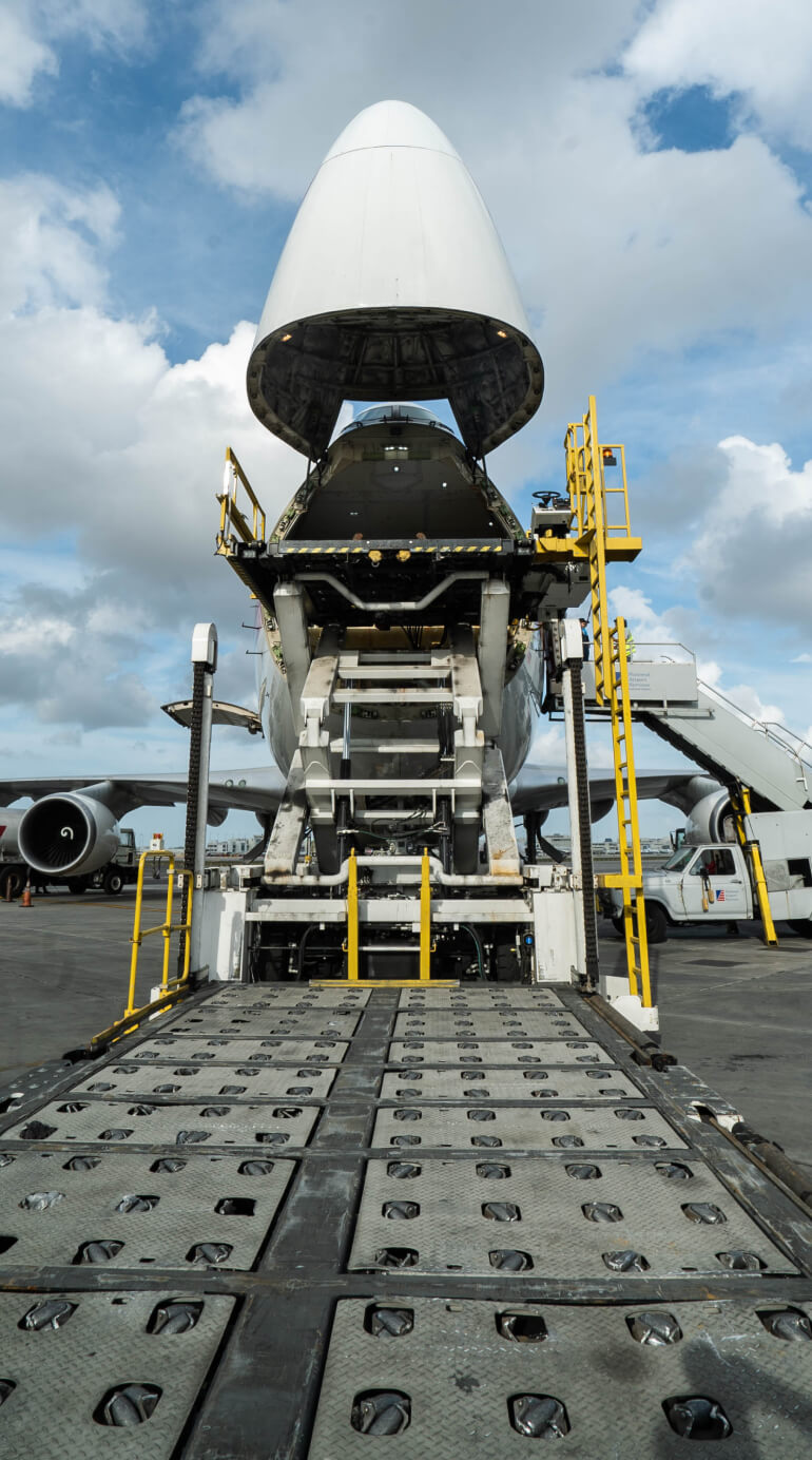 Kalitta Air plane with its nose open ready to load cargo.